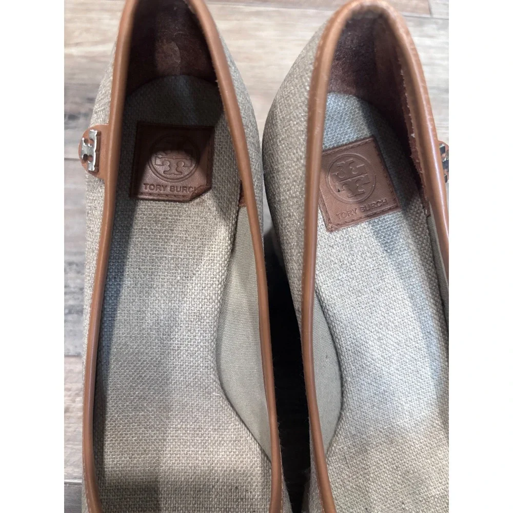 Tory Burch Beige Linen Logo Espadrille Wedge Sandal Coastal Preppy Old Money 6.5